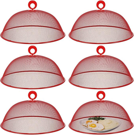 Gerrii 6 Pcs Metal Mesh Food Cover Outdoor Mesh Food Tents Dome Screen Plate Covers for Dinner Plates Reusable Fruit Fly Nets Picnic Food Umbrella for Table, BBQ, Camping, Party (Red,11 Inch)