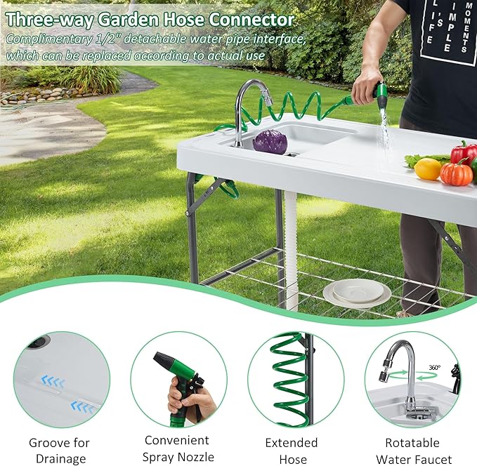 AHB 42" Outdoor Sink Fish Cleaning Table Portable Camping Table with Faucet Hose Hook Up Grid Rack, Fish Fillet Camping Sink Table with 6pc Fish Cleaning Kit for Picnic Beach Patio