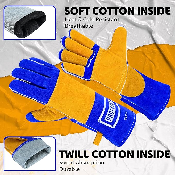 14” Welding Gloves – Heavy-Duty Heat & Flame Resistant Cowhide Leather, Kevlar-Stitched, 932℉ Protection for MIG, Stick, Forge, Fireplace, BBQ, Wood Stove (𝐁𝐥𝐮𝐞/𝐘𝐞𝐥𝐥𝐨𝐰)