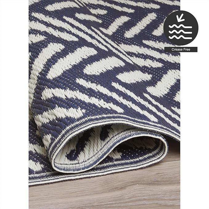 FH Home Outdoor Rug - Waterproof, Fade Resistant, Reversible - Premium Recycled Plastic - Herringbone - Large Patio, Deck, Sunroom, Camping, RV - Fresno - Navy Crease Free - 6 x 9 ft