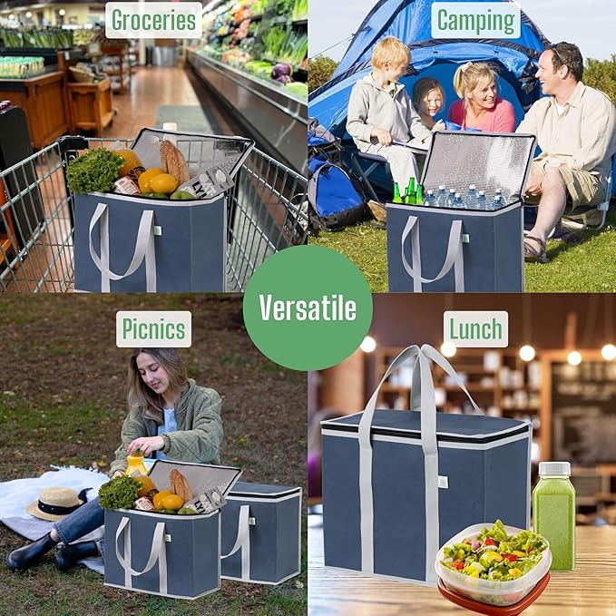 VENO 2 Pack Cooler Bag and Insulated Grocery Bags for Food Delivery, Collapsible Cooler, Reusable Shopping Bags for Groceries with Zipper, Foldable, Heavy-Duty, Stands Upright (Dark Blue, 2 Pack)
