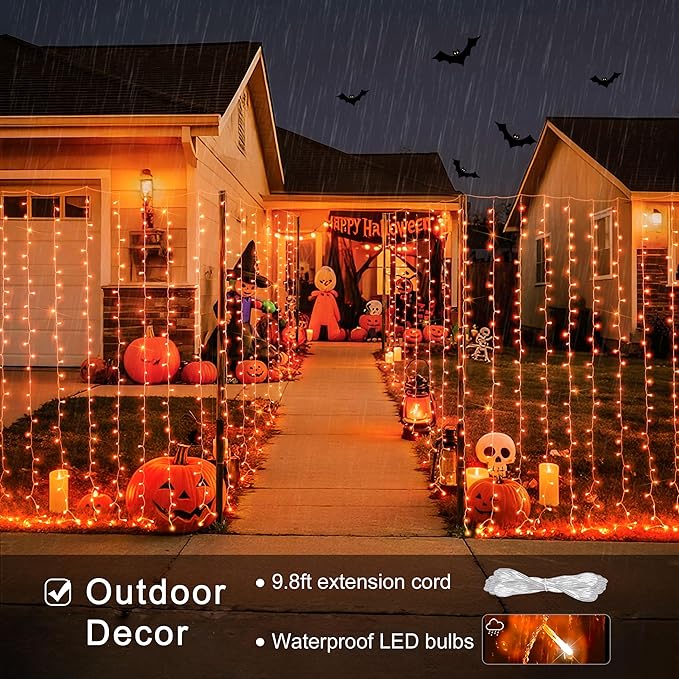 JMEXSUSS 300LED Orange Halloween Lights with Remote, 9.8x9.8ft Halloween Curtain Light, 8 Modes Orange Hanging String Lights Plug in for Fall Bedroom Thanksgiving Window Party Indoor Outdoor Decor