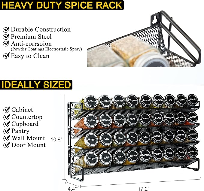 SpaceAid Spice Rack Organizer with 36 Spice Jars, 386 Spice Labels, Chalk Marker and Funnel Set for Cabinet, Countertop, Pantry, Cupboard or Door & Wall Mount - 36 Jars, 17.2" W × 10.8" H, Black