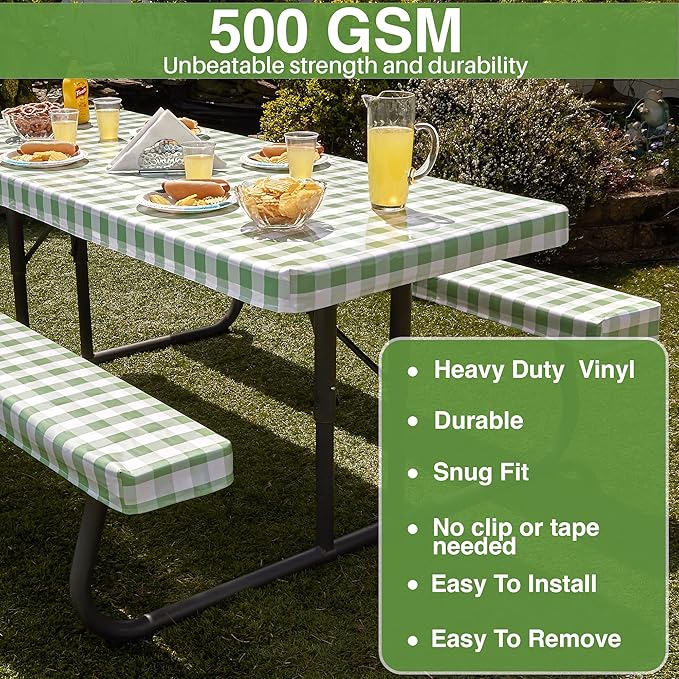 Hudson Comfort Picnic Table Cover with Bench Covers – 500 GSM Reusable Heavy Duty Vinyl Outdoor Table Cover - Waterproof Picnic Tablecloth with Carry Case (Green, 72x30 Inch) (6 Feet Long)