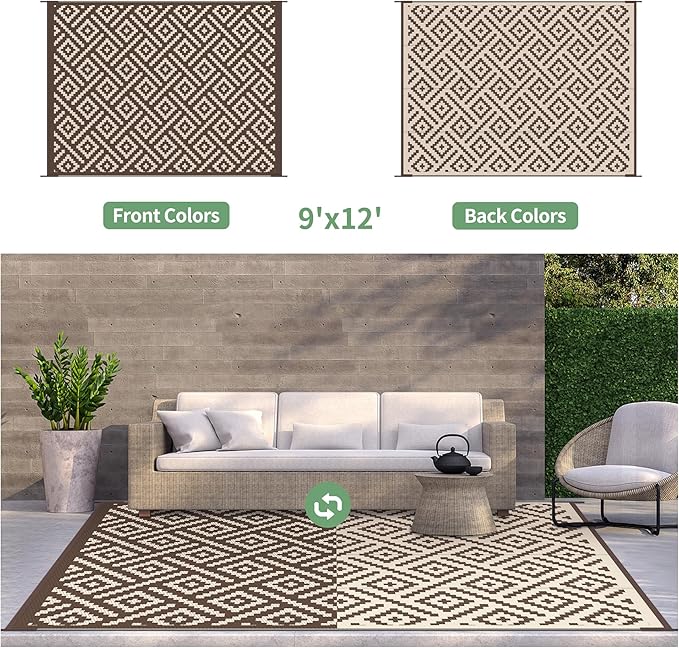 GENIMO Outdoor Rug for Patio Clearance, 9'x12' Waterproof Camping Mat, Reversible Plastic Straw Rugs for RV, Camper, Balcony, Backyard, Picnic, Deck (Coffee & Beige)
