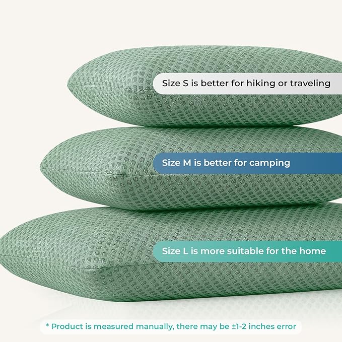 Travel Pillow Memory Foam Pillows, Camping Pillow-Compressible Medium Firm, Breathable Cover, Ideal Backpacking Hiking, Bed Pillows, Airplane and Car (Green, L)