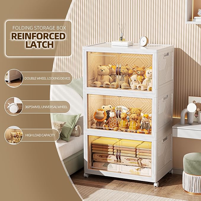 312 QT / 78 Gal Stackable Collapsible Storage Bins with Magnetic Doors & Wheels - Space-Saving Plastic Organizer Cabinet for Closet, Office, Home (White)