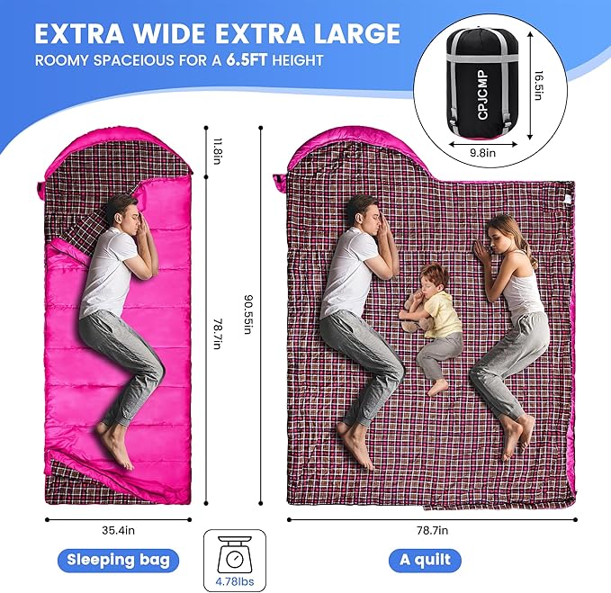 0 Degree Sleeping Bag for Cold Weather,100% Cotton Flannel XXL for Adults Big and Tall Cold Weather Winter Zero Degree Camping,Free Compression Sack