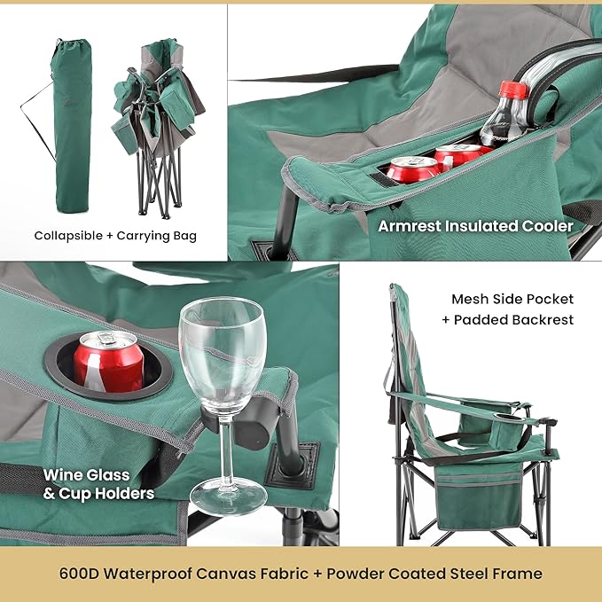 ARROWHEAD OUTDOOR XXL Folding Padded Camping Chair w/Cup & Wine Holder, Armrest Cooler, Support up to 600 lbs, Green
