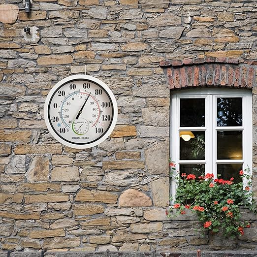 Indoor Outdoor Thermometer Large Numbers 12 Inch Wall Weather Thermometer Hanging Garden Decor Hygrometer No Battery Needed (White)