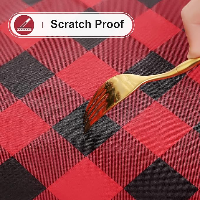 misaya Rectangle Waterproof Vinyl Table Cloth, Buffalo Flannel Backed Tablecloth, Wipeable Plastic Table Cover for Dinner, Kitchen, Picnic (60" x 120", Red and Black)