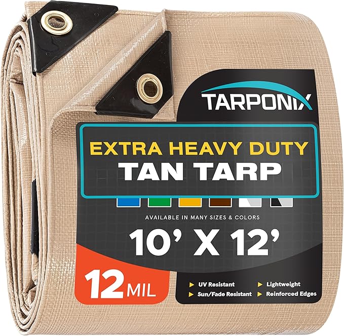 10' x 12' Extra Heavy-Duty Tan Poly Tarp – 12 Mil Thick, Waterproof, UV-Resistant Polyethylene with Reinforced Edges, Double-Stitched Hems, and Rustproof Grommets