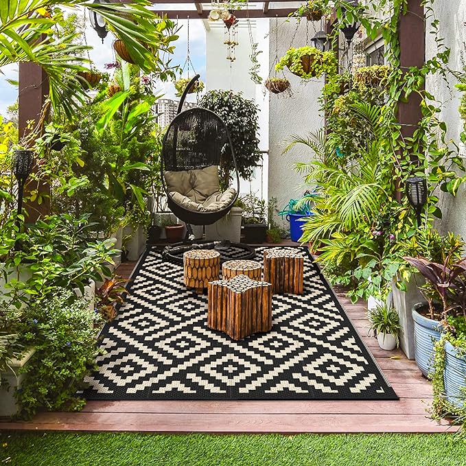 GENIMO Outdoor Rug 4'x6' Waterproof, Reversible Camping Mat, Plastic Straw Rugs for Patio, RV, Camper, Balcony, Backyard, Picnic, Deck (Black & Beige)