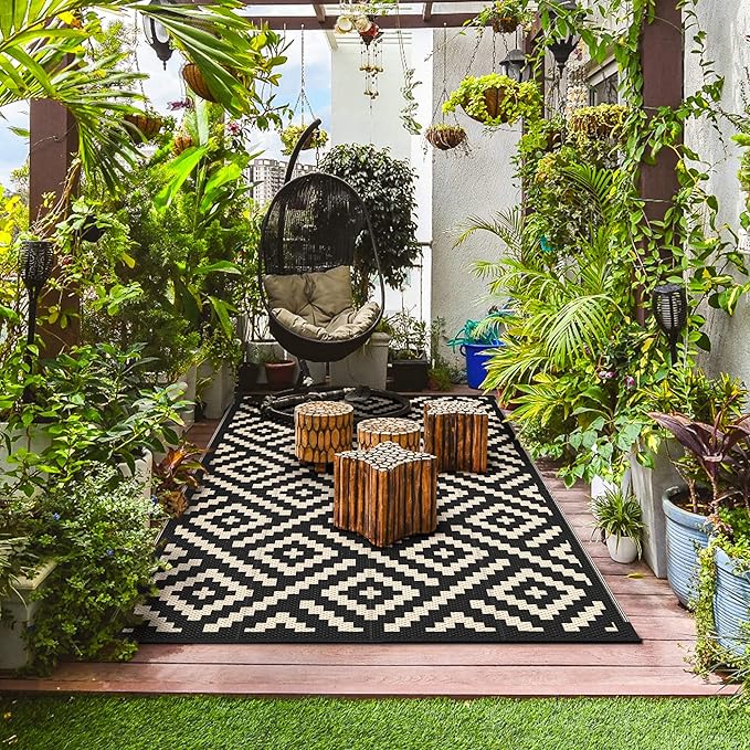 GENIMO Outdoor Rug for Patio Clearance,9'x12' Waterproof Large Mat,Reversible Plastic Camping Rugs,Rv,Porch,Deck,Camper,Balcony,Backyard (Black & Beige)