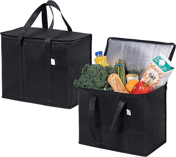VENO 2 Pack Cooler Bags - Insulated for Food Delivery, Collapsible and Reusable Shopping Bags with Zipper, Foldable, Heavy-Duty, Stands Upright - Ideal for Groceries (Black, 2 Pack)