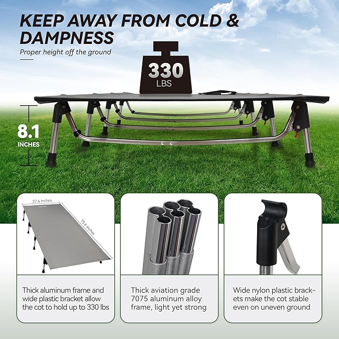 MARCHWAY Lightweight Folding Tent Camping Cot Bed with Lever Lock, Easy Setup Portable Compact for Outdoor Travel, Hunting, Hiking, Motorcycling, Support 330Lbs (Grey)