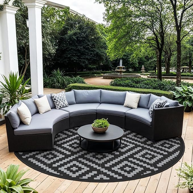 GENIMO 10' Round Outdoor Rug for Patios Clearance, Reversible Plastic Straw Rugs, RV Camping Mat for Camper, Balcony, Backyard, Picnic, Deck, Black & Gray