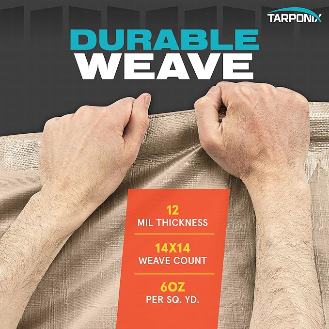12' x 25' Extra Heavy-Duty Tan Poly Tarp – 12 Mil Thick, Waterproof, UV-Resistant Polyethylene with Reinforced Edges, Double-Stitched Hems, and Rustproof Grommets