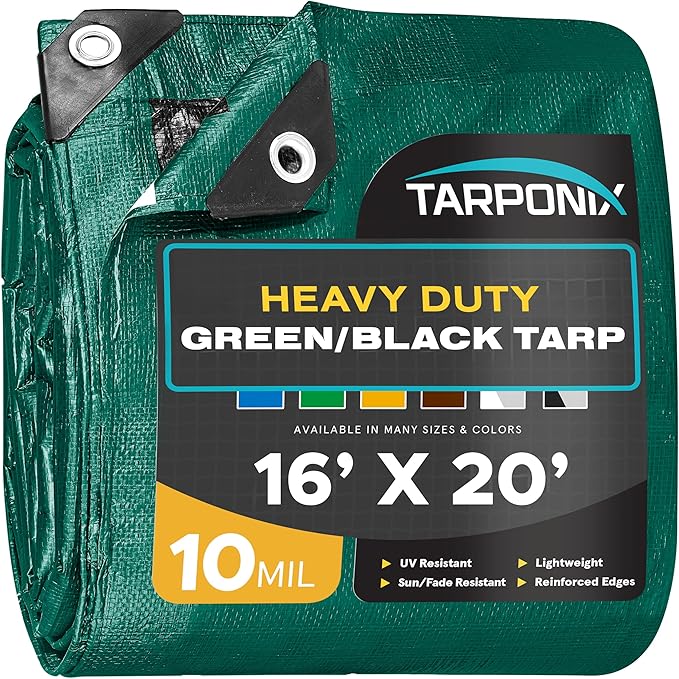16' x 20' Dual-Sided Heavy-Duty Tarp – 10 Mil Tear-Resistant Green & Black Cover with Reinforced Edges and Anti-Rust Grommets