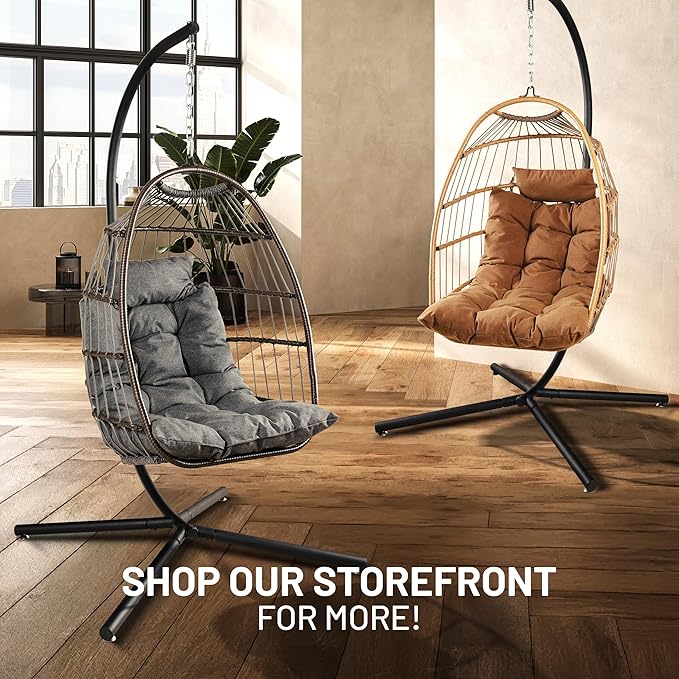 SereneLife Foldable Egg Chair with Stand – Hanging Rattan Wicker Swing for Indoor Outdoor Use – 350 lbs Capacity, Breathable Cushion & Headrest – Patio, Balcony, Porch, Bedroom Lounge Furniture