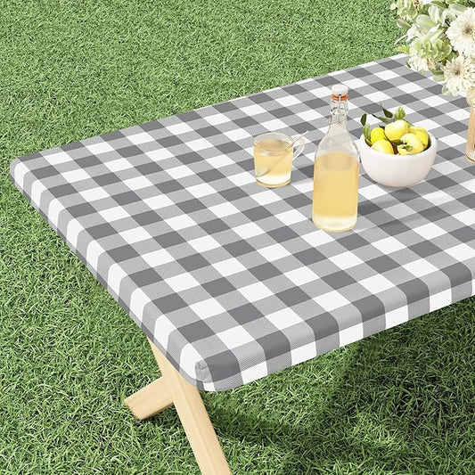 misaya Buffalo Rectangle Picnic Tablecloth, 4 Foot Elastic Fitted Vinyl Table Cloth with Flannel Backing, Waterproof Plaid Table Covers for Dining, Camping, Outdoor (Grey and White, 24" x 48")