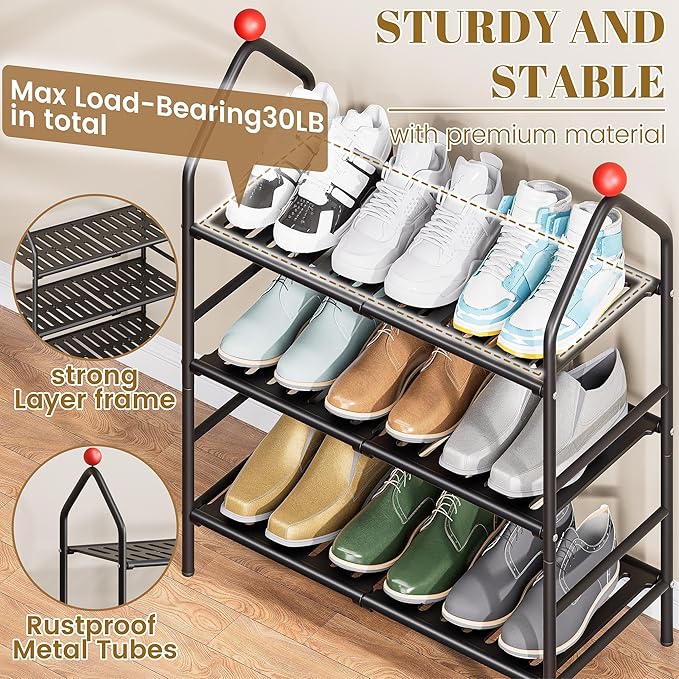 Shoe Rack, 3-Tier Shoe Organizer, Metal Storage Shelf, Shoe Rack for Closet, Free Standing Shoe Racks for Entryway, Garage & Doorway, Sturdy Shoe Shelves, Black