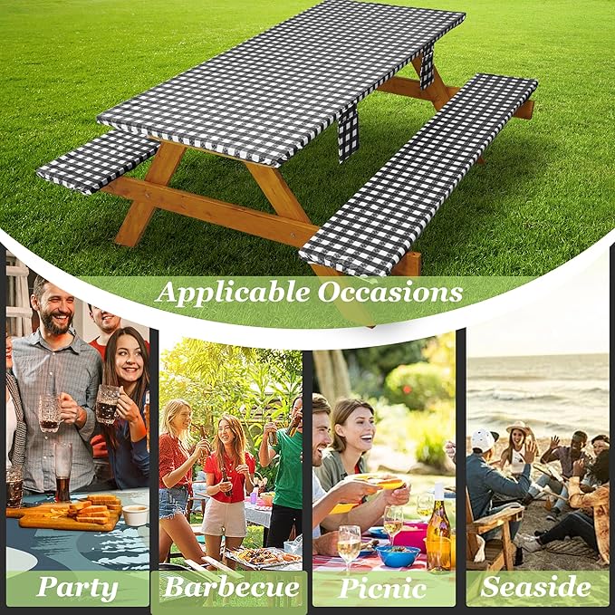Fitted Picnic Table Cover with Bench Covers Waterproof Elastic Edges Rectangle Patio Tablecloth Outdoor Camping Essentials Stuff Rv Accessories Summer Trip Travel Supplies Party Camper Gifts, 8 ft