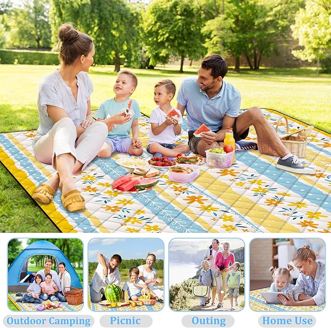 Extra Large Picnic Blanket Waterproof,80"x 80"Foldable Machine Washable Beach Blanket,Outdoor Blanket for 6-8 Adults,Suitable for Indoor Crawling,Park Beach,Camping,Hiking,Family Travel(Floral Print)