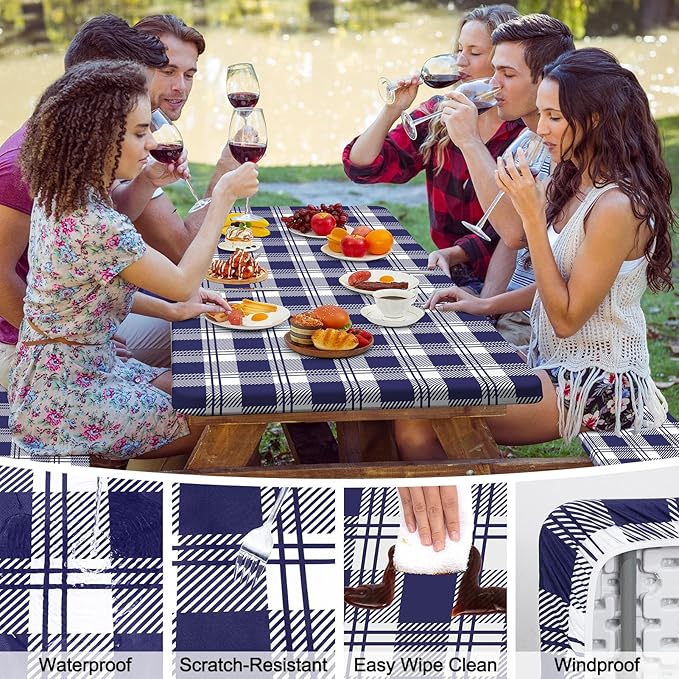 Picnic Table Cover with Bench Covers Camping Tablecloth with Storage Bag Windproof Waterproof Picnic Table Covers with Elastic for Camping