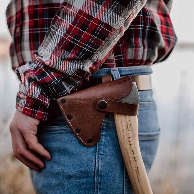 The Scout Hatchet - Compact German Made Camping & Backpacking Hatchet, 11.8" Ash Handle with Anti-Slip Grip, 0.88 lb Lightweight Design, Premium Leather Sheath (Red Stripe)