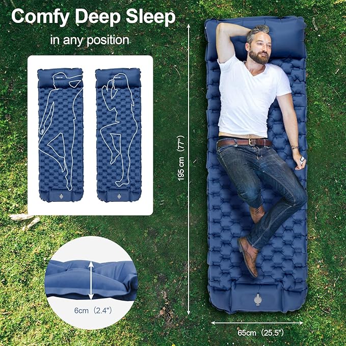 Night Cat Inflatable Sleeping Pads Mat Bed with Pillow Foot Pump for Camping Backpacking Hiking Ultra-Light Compact Comfortable Extendable 77"x25.5"