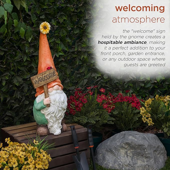 Alpine Corporation MCC848 Indoor/Outdoor Gnome with "Welcome" Sign Garden Statue, Charming Gnome with Hat, 26"H, Orange