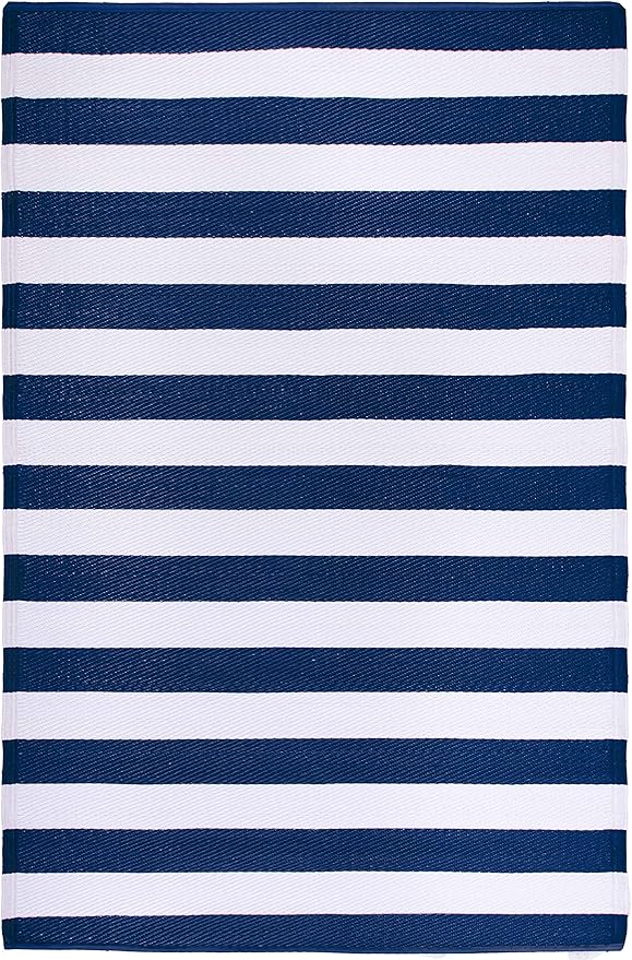 FH Home Outdoor Rug - Waterproof, Fade Resistant, Reversible - Premium Recycled Plastic - Striped - Porch, Deck, Balcony, Mudroom, Laundry Room, Patio - Brittany - Blue & White Crease Free - 3 x 5 ft