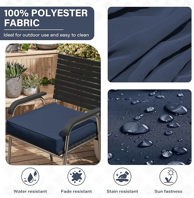 Patio Chair Cushions 18.5 X 16 X 4 Inch Waterproof Outdoor Seat Cushions for Patio Furniture, Outdoor Sofa Couch Pads with Ties & Handle, Set of 2, Navy Blue