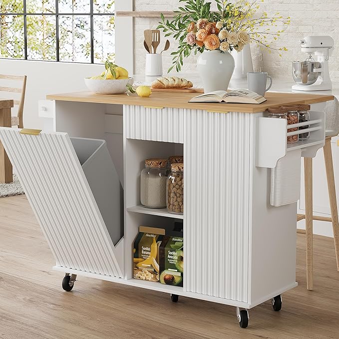 win2win Rolling Kitchen Island with Trash Can Storage, Portable Kitchen Island with Drop Leaf Breakfast Bar, Modern Farmhouse Kitchens Cart on Wheels with Fluted Design, Towel Rack, Spice Rack, White