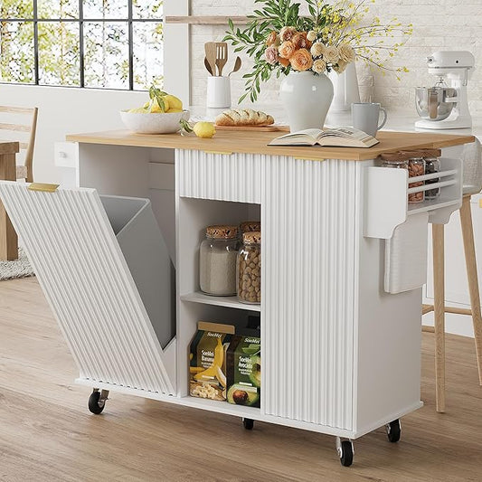 win2win Rolling Kitchen Island with Trash Can Storage, Portable Kitchen Island with Drop Leaf Breakfast Bar, Modern Farmhouse Kitchens Cart on Wheels with Fluted Design, Towel Rack, Spice Rack, White