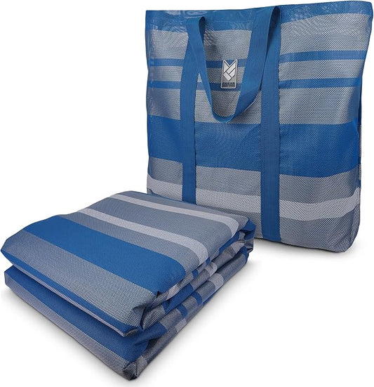 CGEAR RV Comfort Mat – Patented Sand-Free Technology with Ultra Soft Material – Sized to Your RV, Campsite, Beach House – Great Outdoor Patio Rug for RV and Camping (Navy Dynamic Stripe, 4' x 5')