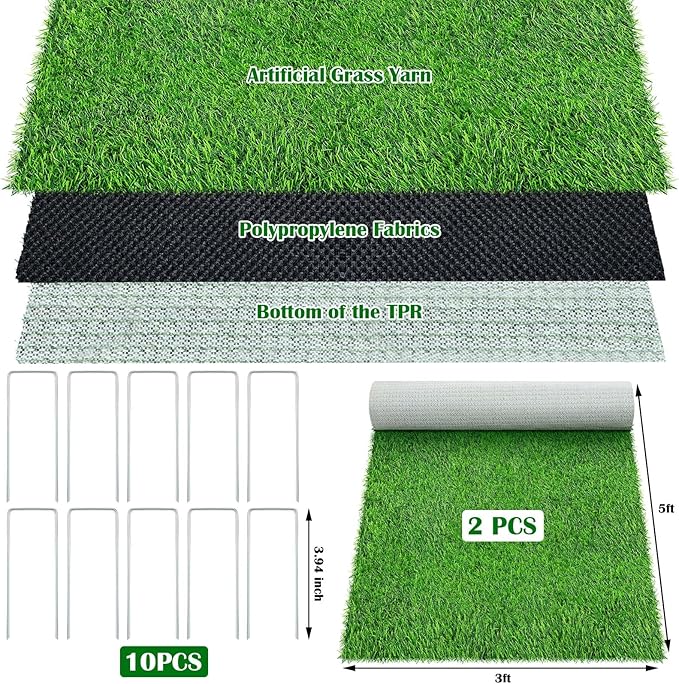 2 Pcs 5 x 3 ft Artificial Grass Turf Area Rug Indoor Outdoor Square Rug Green Realistic Camping Carpet Camping Rug Tent Turf Carpet Artificial Grass for Garden Yard Landscape Playground