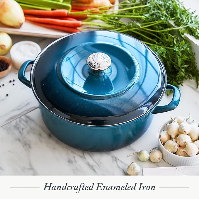 Merten & Storck 5.3QT Round Dutch Oven Casserole Pot with Lid, European Crafted Enameled Iron Stockpot, Induction & All Cooktops, Braising, Stews, Roasting, Slow Cooking, Sourdough, Aegean Teal