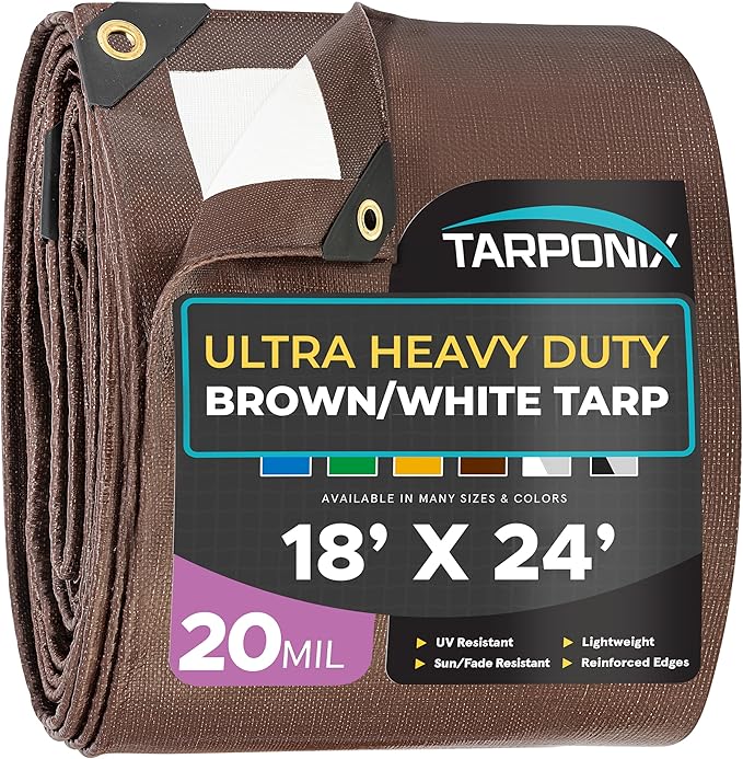 18' x 24' Ultra Heavy Duty Tarp – 20 Mil Brown/White Waterproof Outdoor Cover, UV Protection, Reinforced Corners, Ideal for Camping, Tent, and Outdoor Use