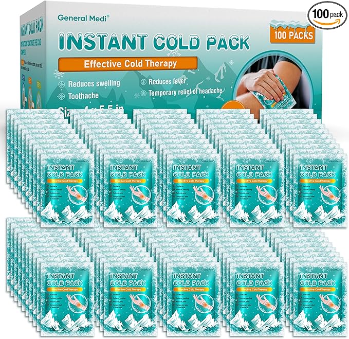 General Medi Instant Ice Cold Pack (4”x 5.5”) – 100 Packs Disposable Cold Therapy Ice Packs for Pain Relief, Swelling, Inflammation, Sprains, Toothache – for Athletes & Outdoor Activities