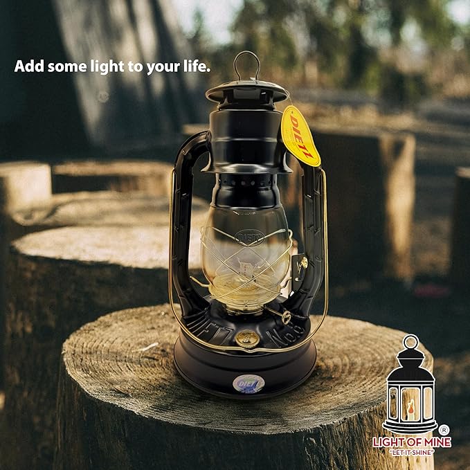 Light of Mine - Dietz #08 Air Pilot Black with Gold Trim Oil Lantern with 7/8" Replacement Wick Strips (Black with Gold Trim)