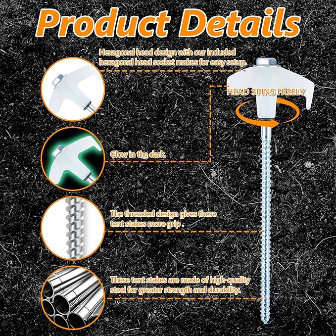 8" Screw in Tent Stakes Heavy Duty, Ground Anchors Screw in, Metal Threaded Tent Spikes, Camping Pegs for Canopies & Gardening Inflatable Decor (20 PCS Luminous)
