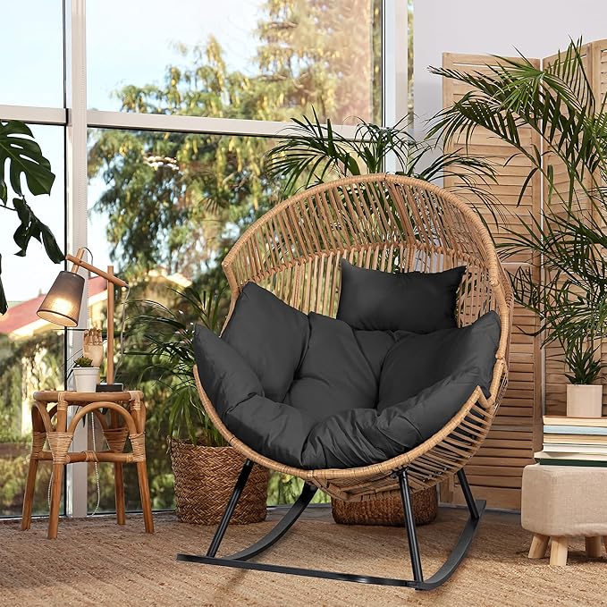 JAMFLY Egg Chair Outdoor Rocking Chairs, Wicker Patio Chair Oversized Lounger Chair with Cushion for Indoor Living Room Bedroom Outside Patio Backyard Balcony, Gray Cushion