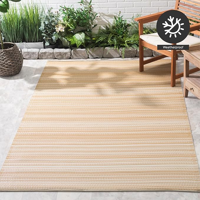 FH Home Outdoor Camping Rug - Waterproof, Fade Resistant, Reversible - Premium Recycled Plastic - Striped - Large Patio, Deck, Sunroom, RV - Havana - Beige - 9 x 18 ft Foldable