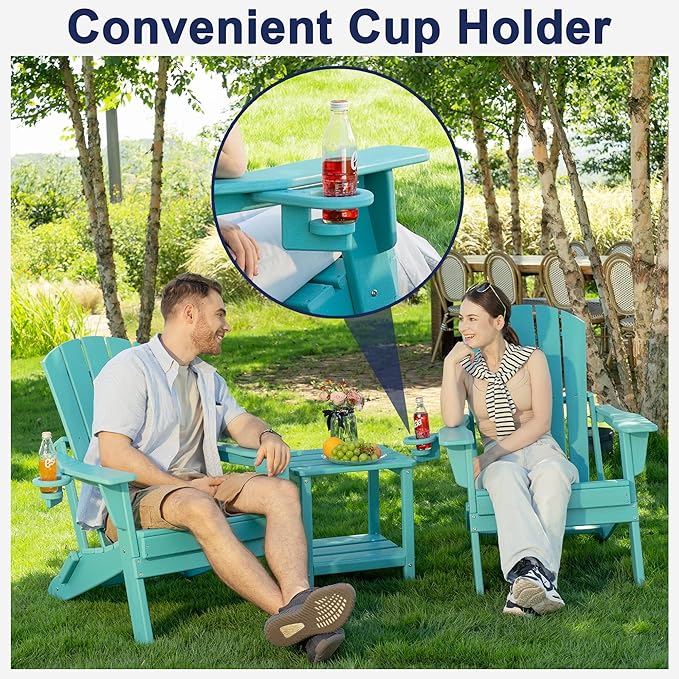 Folding Adirondack Chair, SGS Tested, Wooden Textured with Cup Holder, Heavy All-Weather HDPE Comfortable Set Poolside Backyard Lawn Aruba Blue