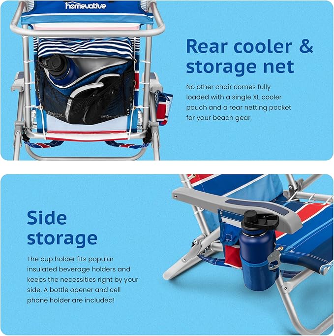 Homevative Backpack Fold-Up Beach Chair, 5 Positions, Towel bar, Cooler, Storage Pouch, Cup Holder and Phone Pocket