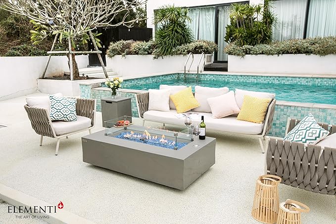 Elementi+ | Meteora Gas Fire Pit Cast Concrete 56" Rectangular Fire Table, Outdoor Fire Pit Electronic Ignition | Canvas Cover, Fire Glass and Burner Lid Included | Light Gray | Natural Gas