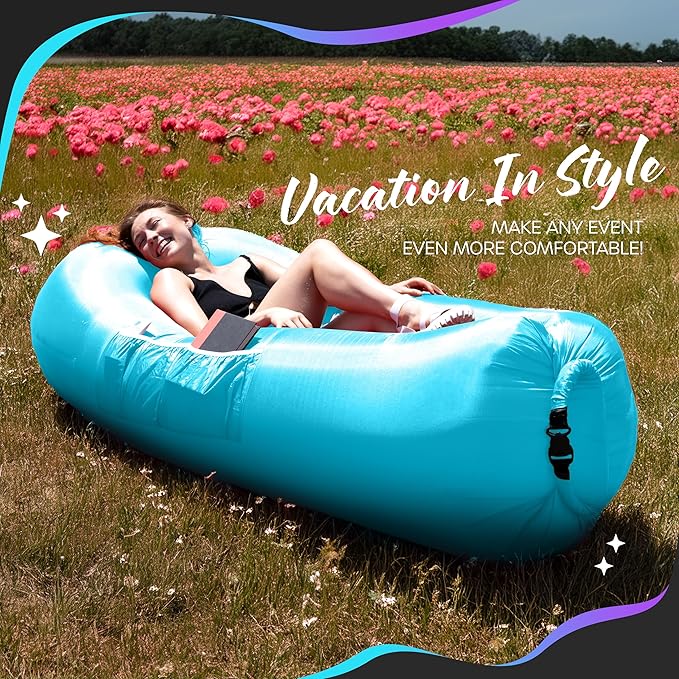Nevlers Inflatable Lounger | 210T Polyester Inflatable Chair | No-Pump Blow Up Couch | Camping Couch Air Sofa Bed w/ 450 lbs. Cap., Pockets & Matching Bag | Use as Inflatable Couch for Adults & Kids