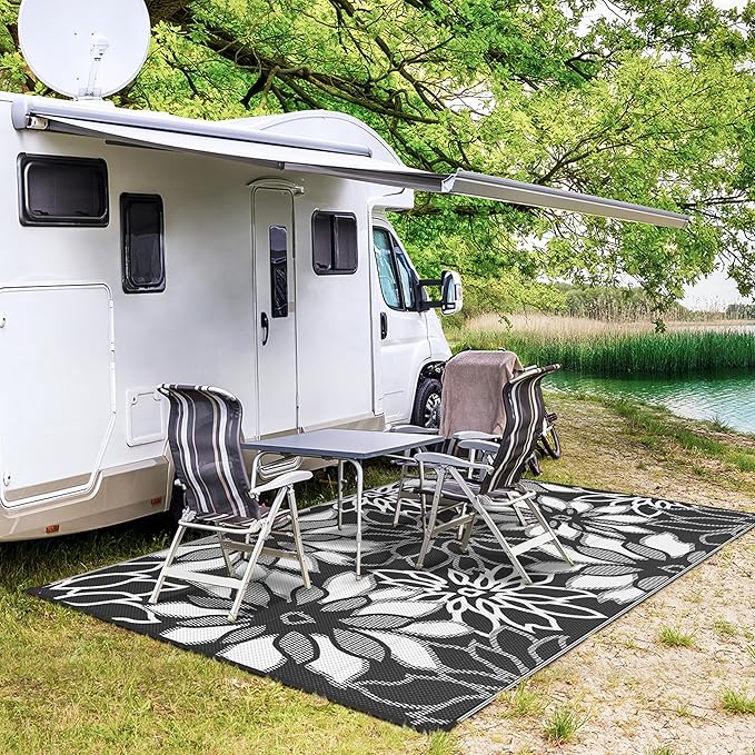 GENIMO Outdoor Rug Waterproof for Patio Decor, 8' x 10' Reversible Plastic Straw Floral Camping Carpet, Large Area Rugs Mats for RV, Camper, Deck, Balcony, Porch, Beach, Picnic, Black & White